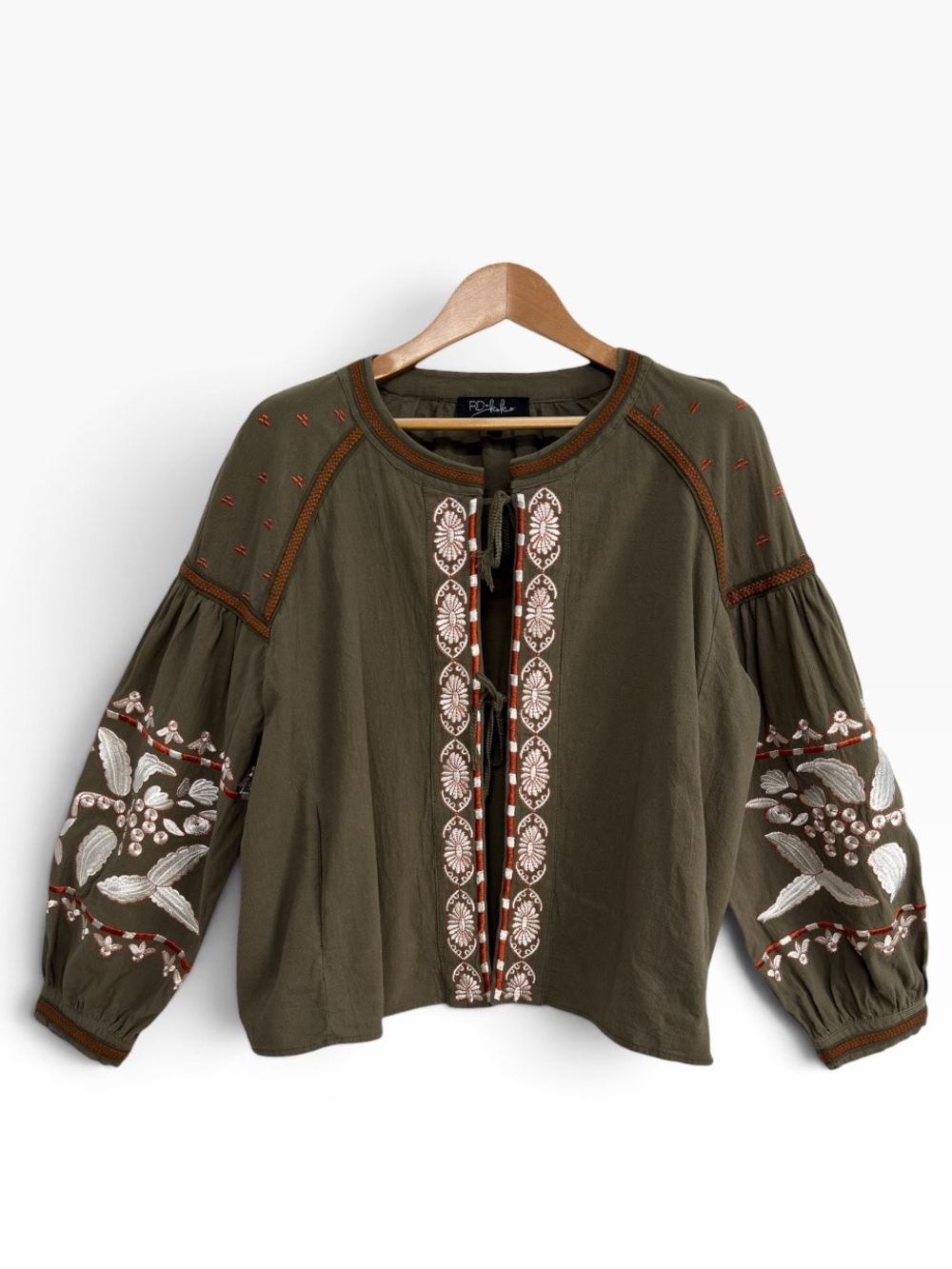 RD + Koko Olive Green Embroidered Boho Peasant Jacket Tie Front Womens XL Cotton